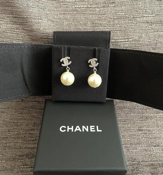 Chanel CC Logo Crystal Pearl Earrings
