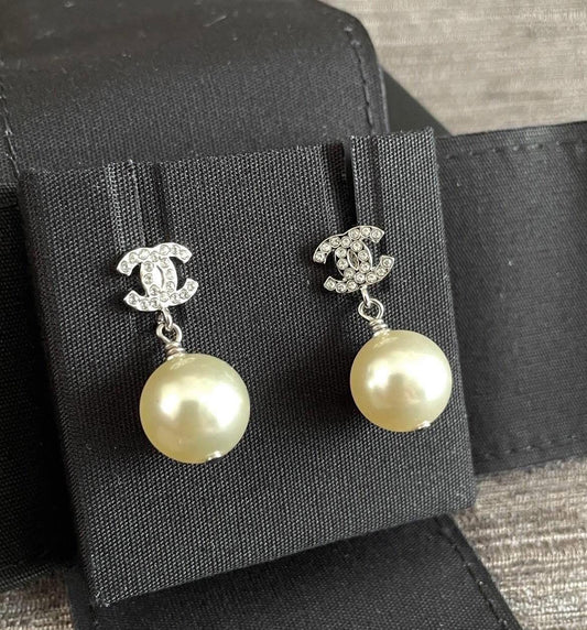 Chanel CC Logo Crystal Pearl Earrings